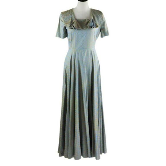 Vintage 1940s Blue and Mustard Yellow Geometric print Maxi Dress Medium - Picture 1 of 11